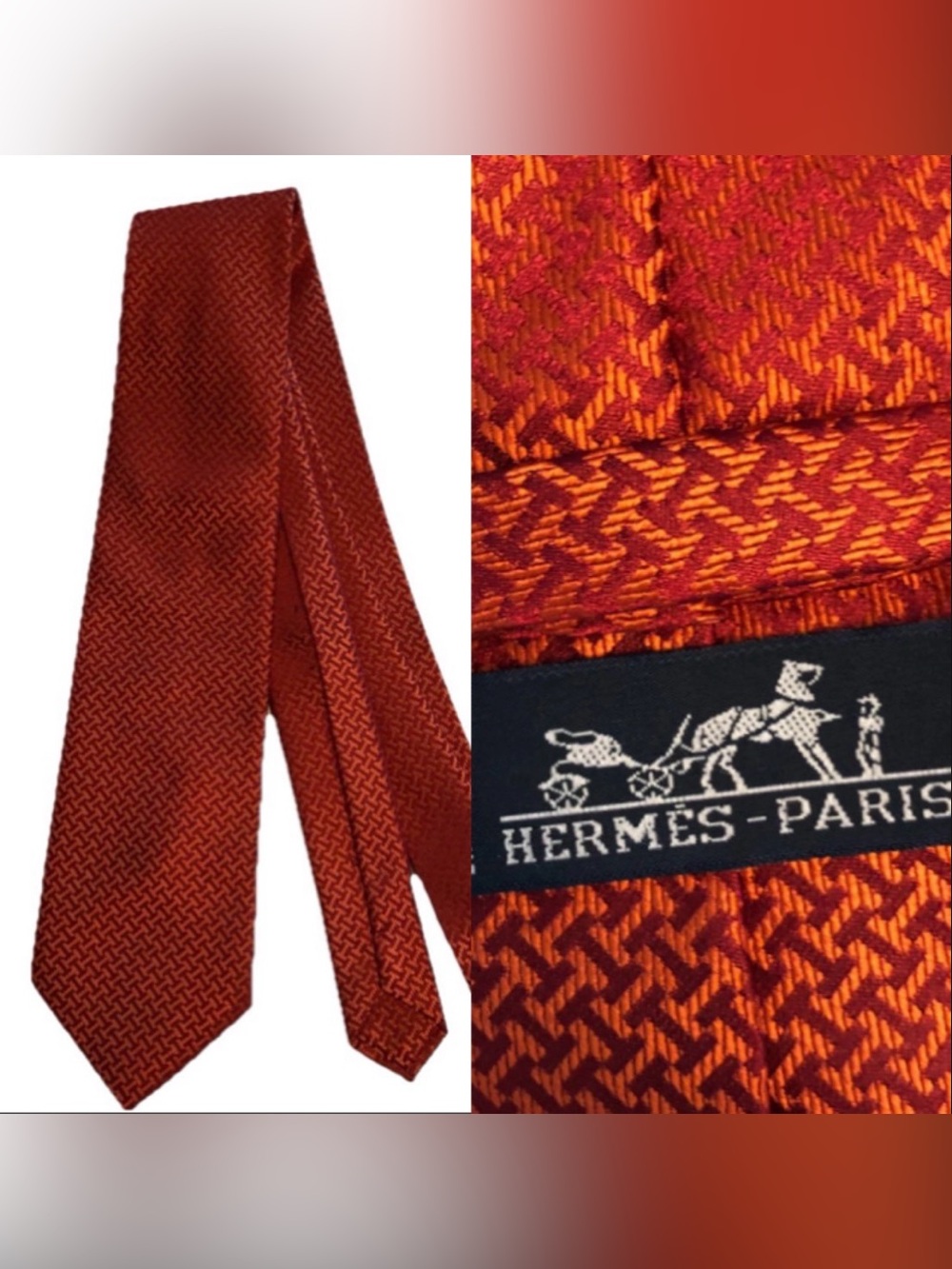 HERMÈS Paris Men Tie Red Orange 100% Silk Tension Loop Formal Business Designer